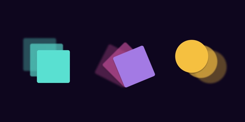 A selection of animated shapes with motion-blur to symbolize Animations in React using useEffect.